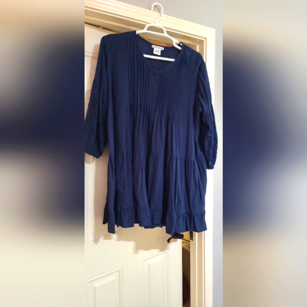 Oversized Shirt Dress with Embroidered Sleeves Navy Size 2XL